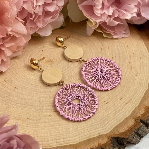 Boho Wood Woven Pink Dream Catcher Earrings - Picture 10 of 14